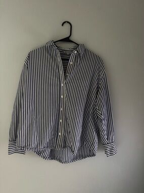 Reformation Navy & White Striped Casual Button-Down Shirt
